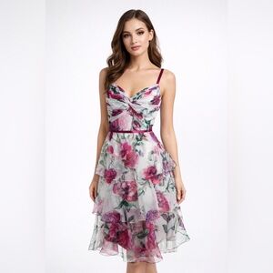 Marchesa Notte Tiered Twist Front‎ Floral Print Organza Dress Size 8
